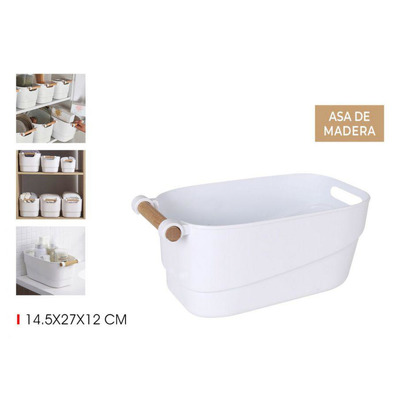 Cesto Multiusos Branco 14,5x27xa12 Cm Com Pega Madeira