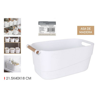 Cesto Multiusos Branco 21,5x40xa18 Cm Com Pega Madeira