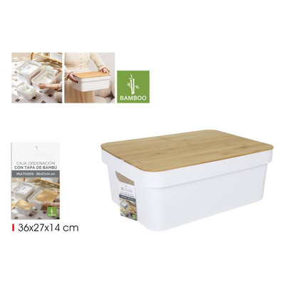 Caixa Plástico Pp Multiusos Com Tampa de Bambu 36x27x14 Cm
